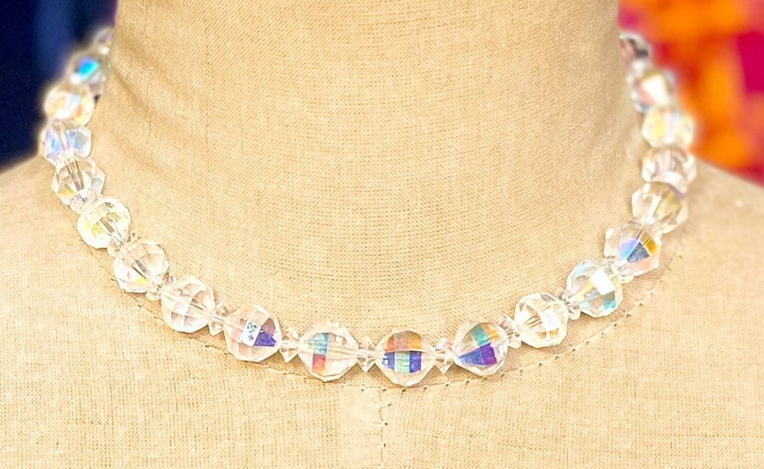 1950s Laguna Crystal Necklace Set | 50s Iridescent Crystal Necklace & Earrings | Laguna