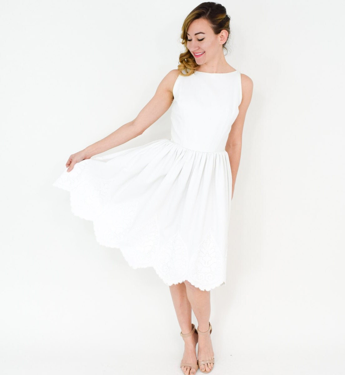 1950s White Cotton Eyelet Dress by Jonathan Logan, Small