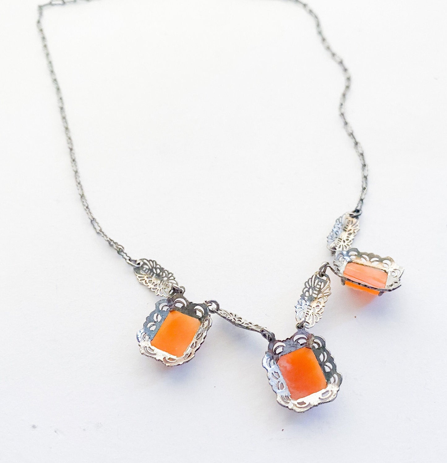 1920s Sterling Silver Cameo Necklace, Filigree Shell Cameos