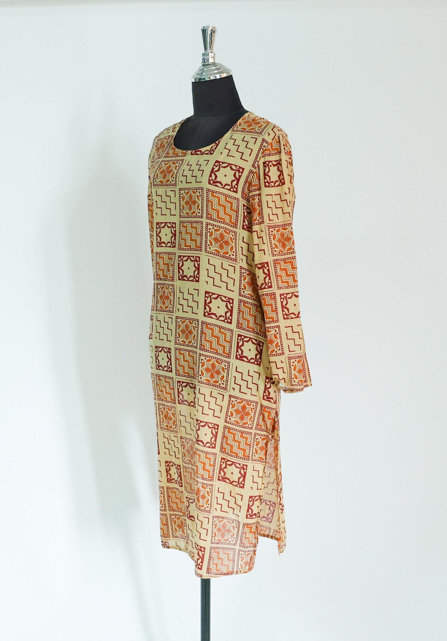 1980s Brown Print Cotton Caftan Tunic Dress, Medium
