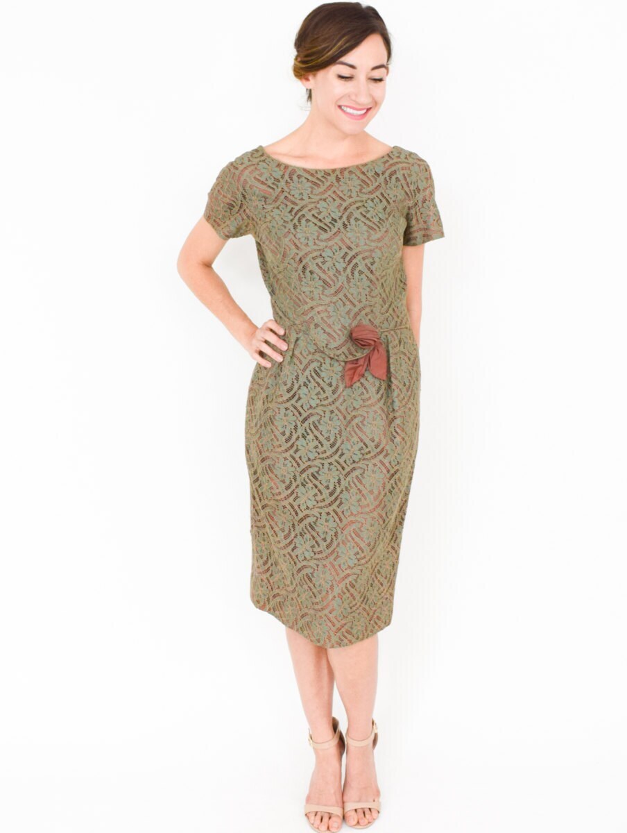 1950s Olive Green Lace Cocktail Dress, Medium