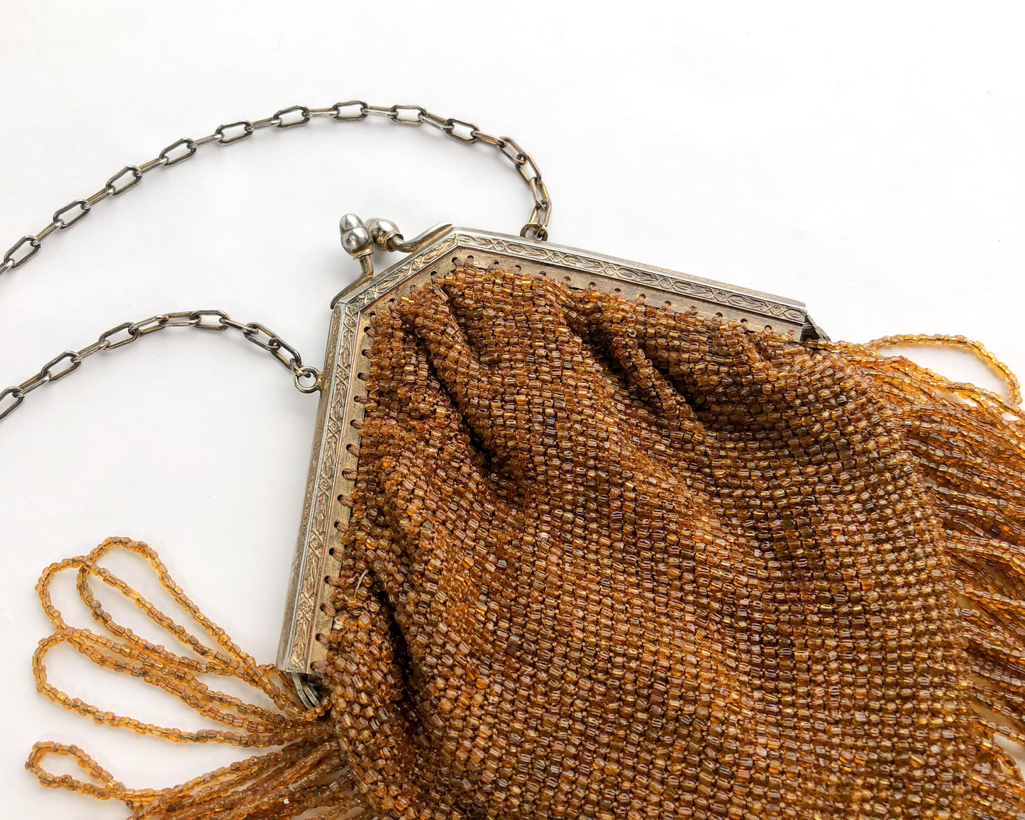 1900s Gold Beaded Evening Handbag | Gold  Loop Fringe Bag