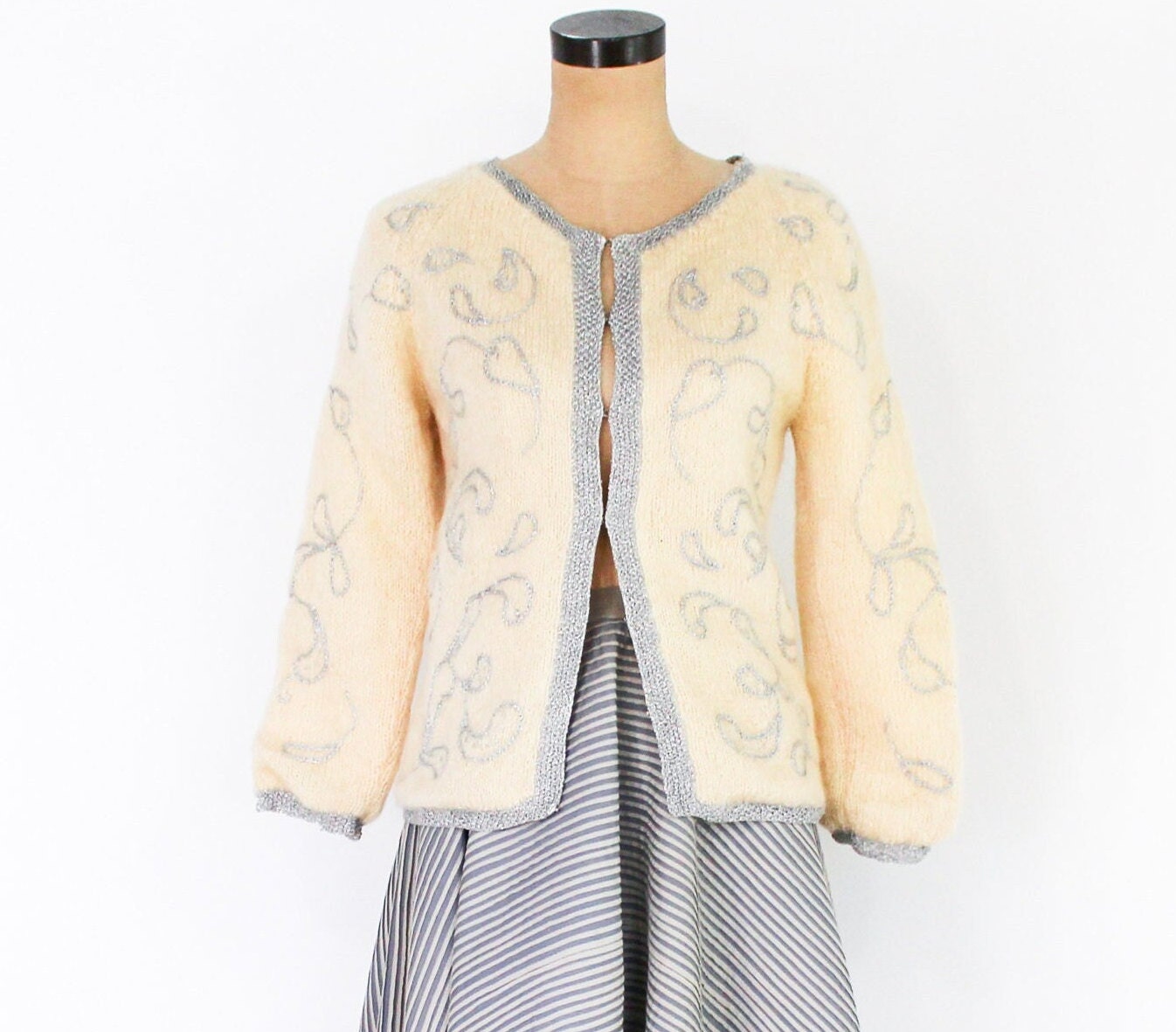 1960s Creme Mohair Cardigan | Beige Wool Sweater, Medium