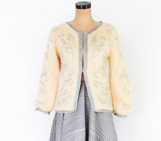 1960s Creme Mohair Cardigan | Beige Wool Sweater, Medium