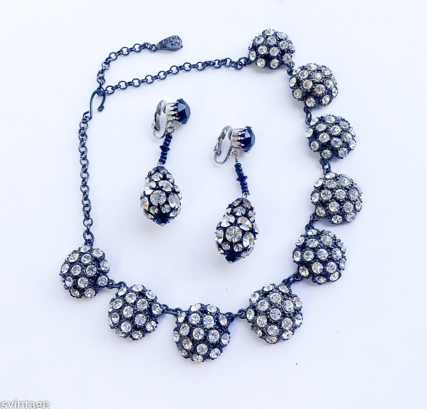 1950s Rhinestone Evening Necklace & Earrings Set | 50s Rhinestone Circles Necklace Drop Earrings | YOCHI N.Y.