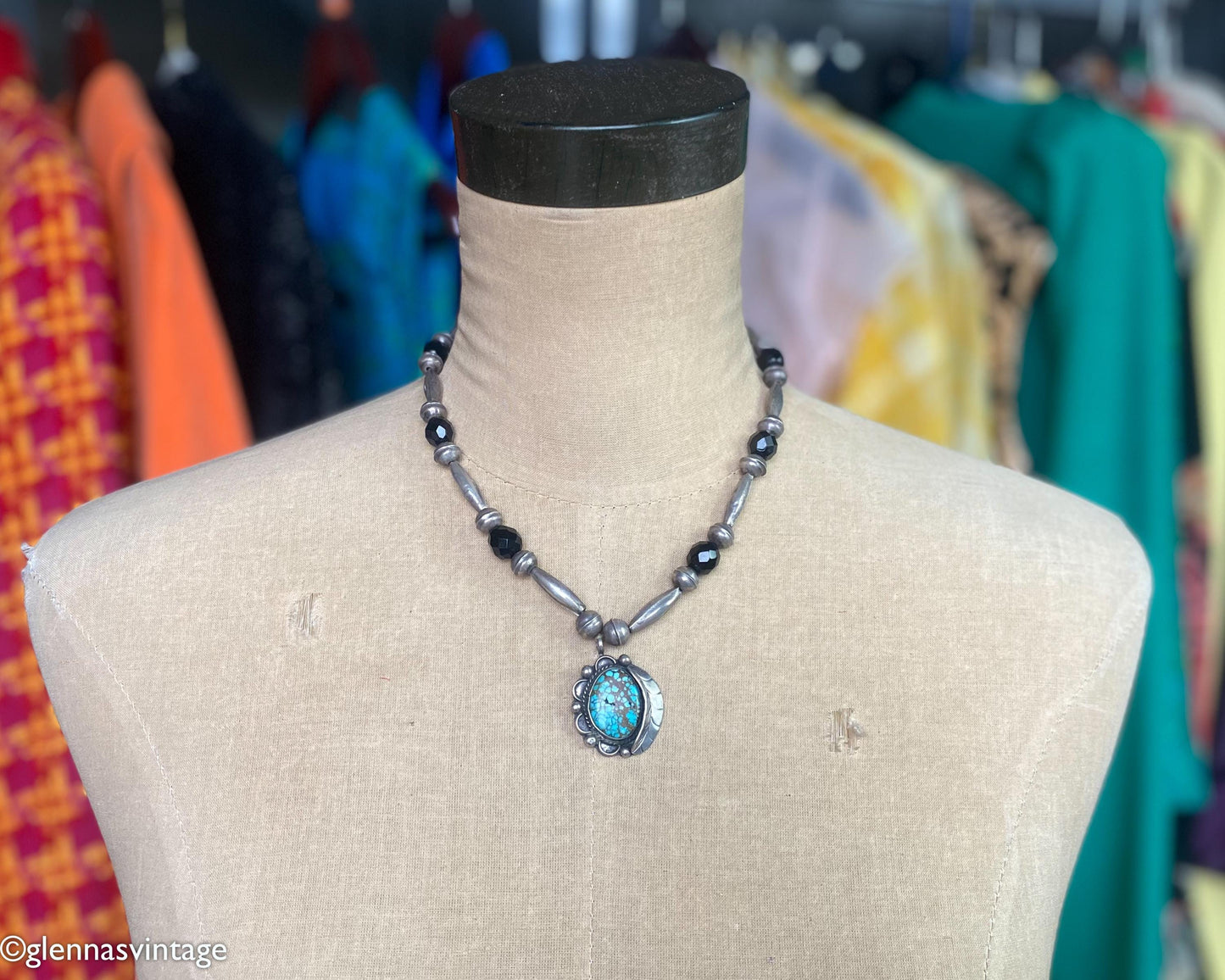 1940s Turquoise Pendant Necklace | Vintage Sterling Silver, Black Glass Beads