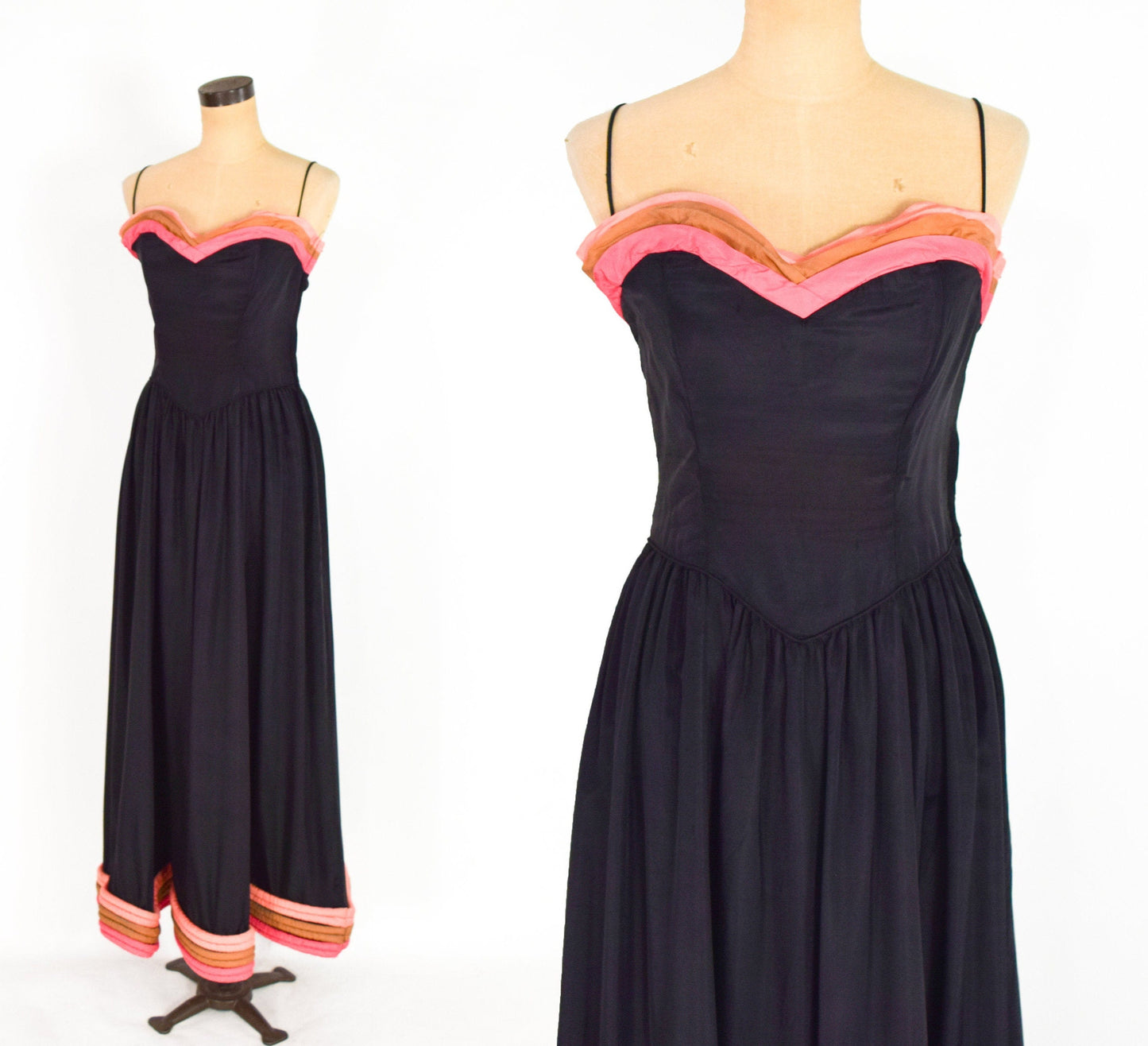 1940s Black Evening Gown  | 40s Black Taffeta Formal Dress | Stripe Trapunto Trim | Old Hollywood | Medium