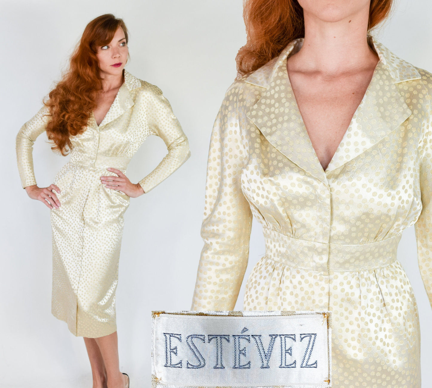 Estevez 1950s Gold Brocade Cocktail Dress, Small