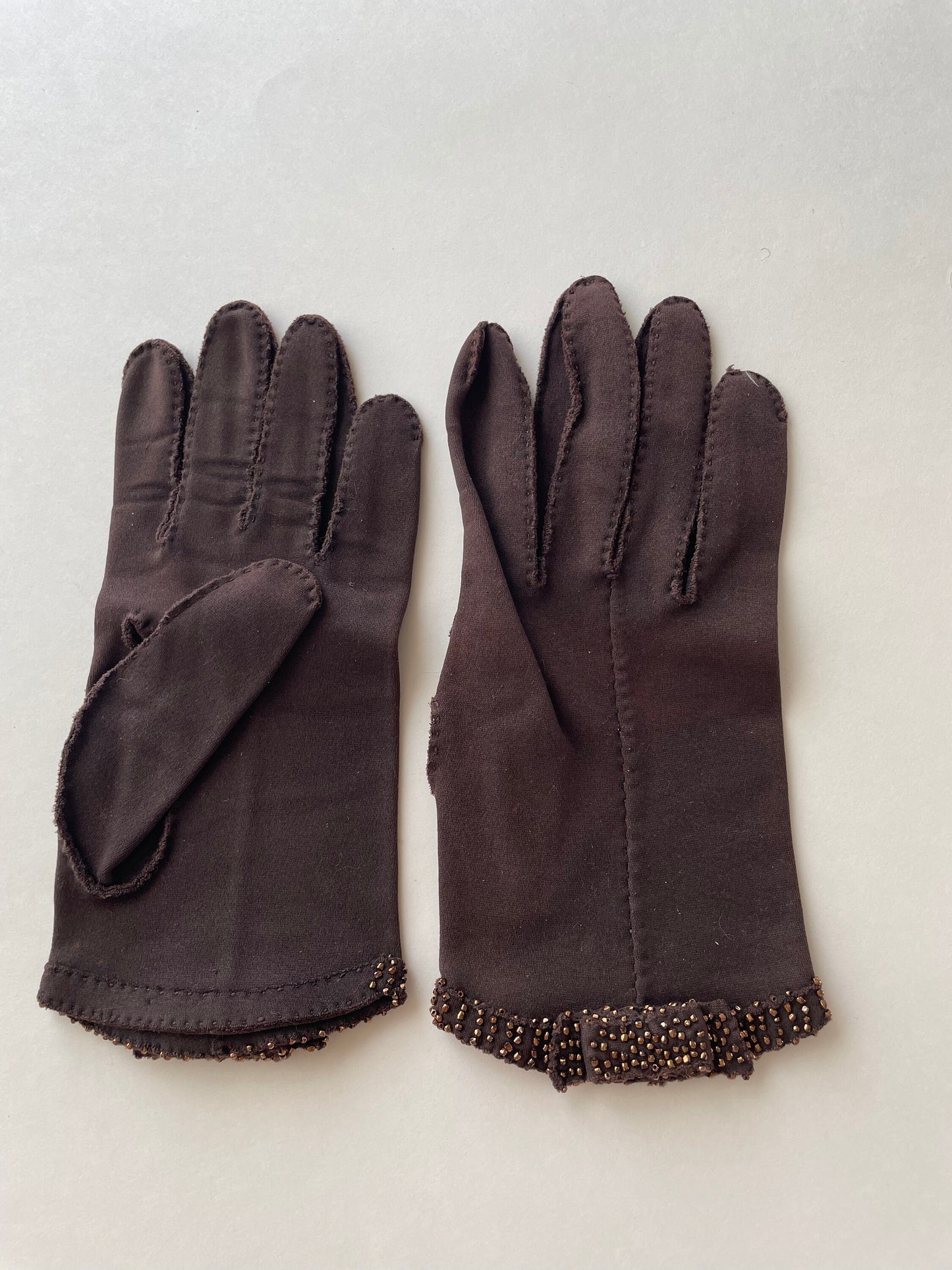 1950s Brown Beaded Gloves, Size 6.5