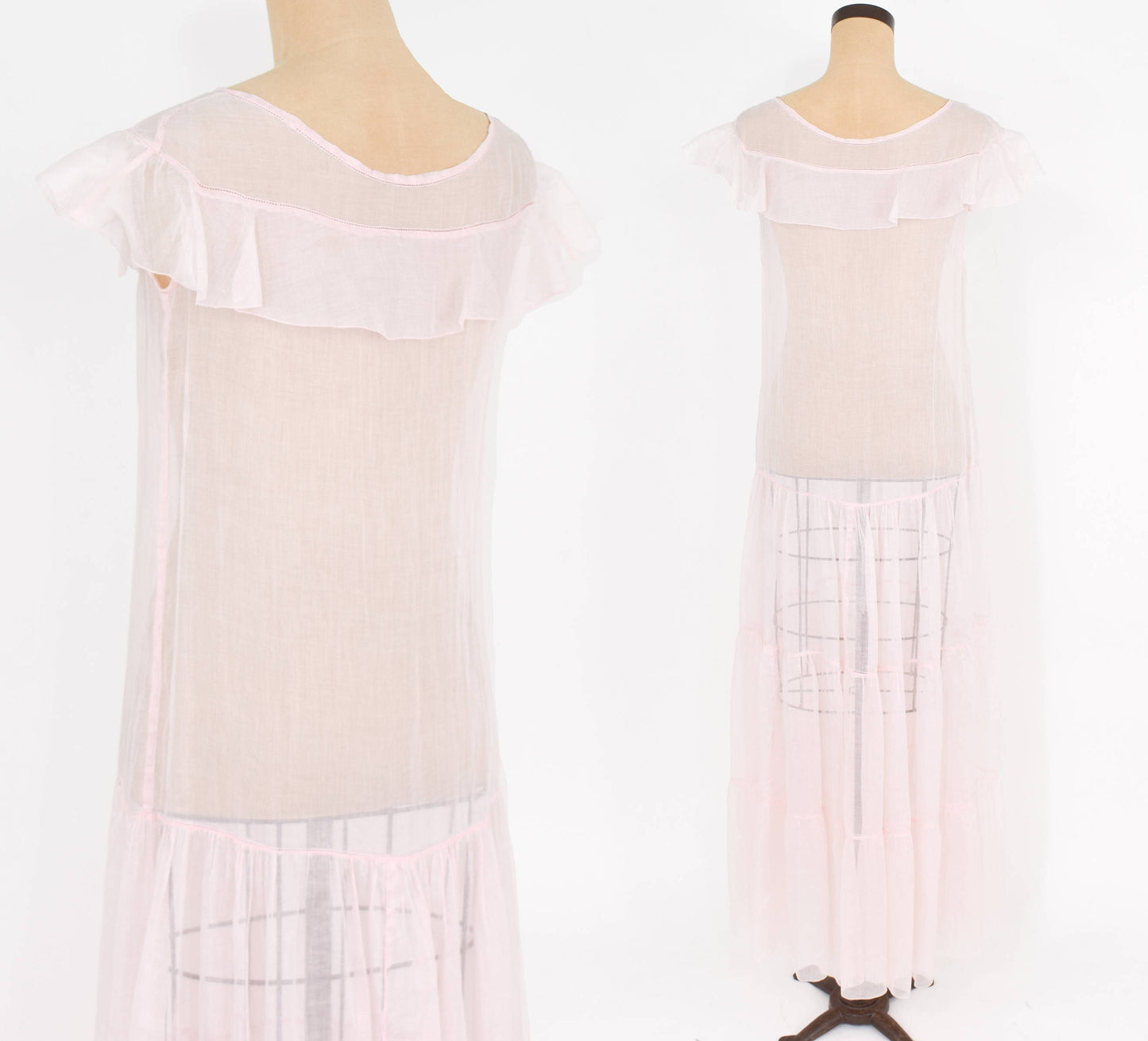 1930s Pale Pink Organza Evening Dress with Ruffle Trim, Medium
