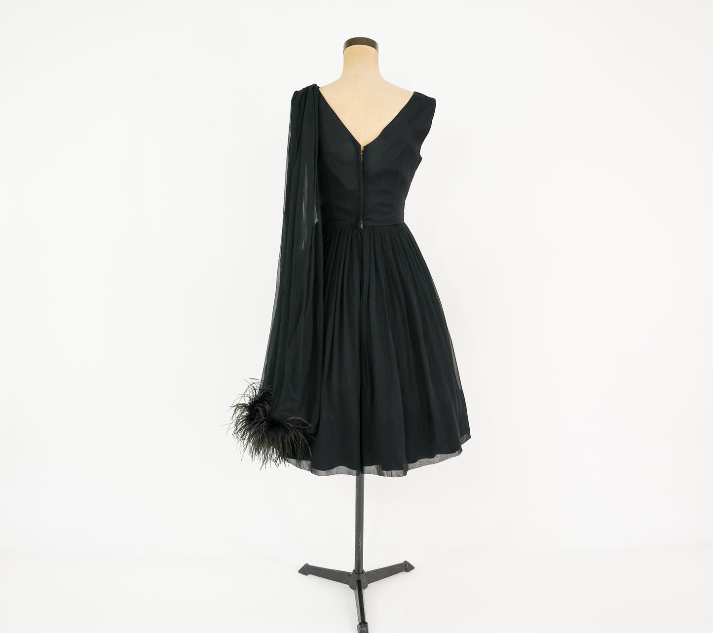 1950s Feather Sash Black Silk Cocktail Gown, Small