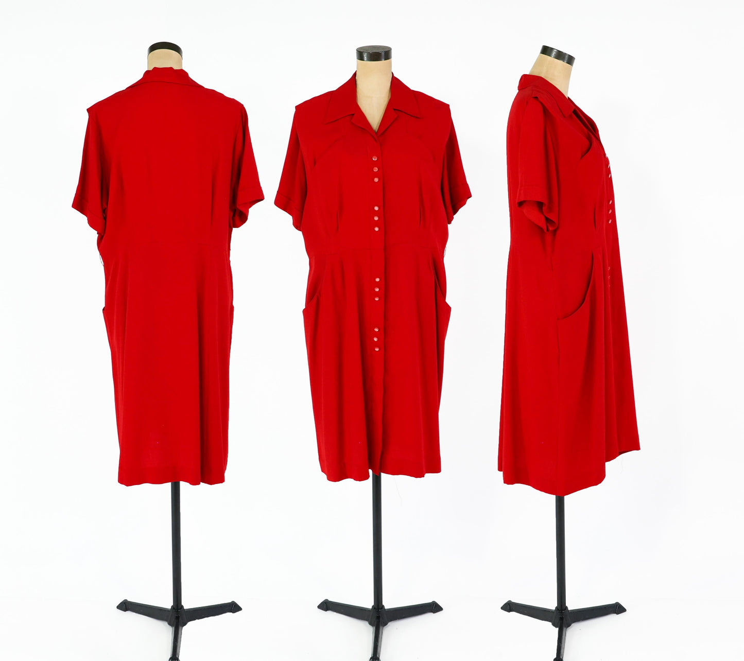 1940s Red Wool Day Dress, 48" Bust