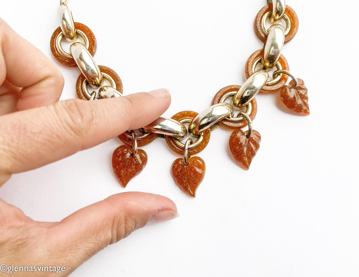 1960s Glitter Leaf Necklace | Brown Plastic, Gold Chain