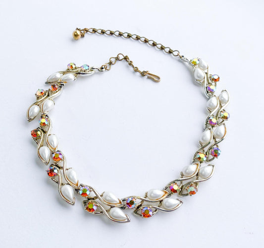 1950s Rhinestone Evening Necklace l 50s Topaz Rhinestone & Pearl Choker l BSK