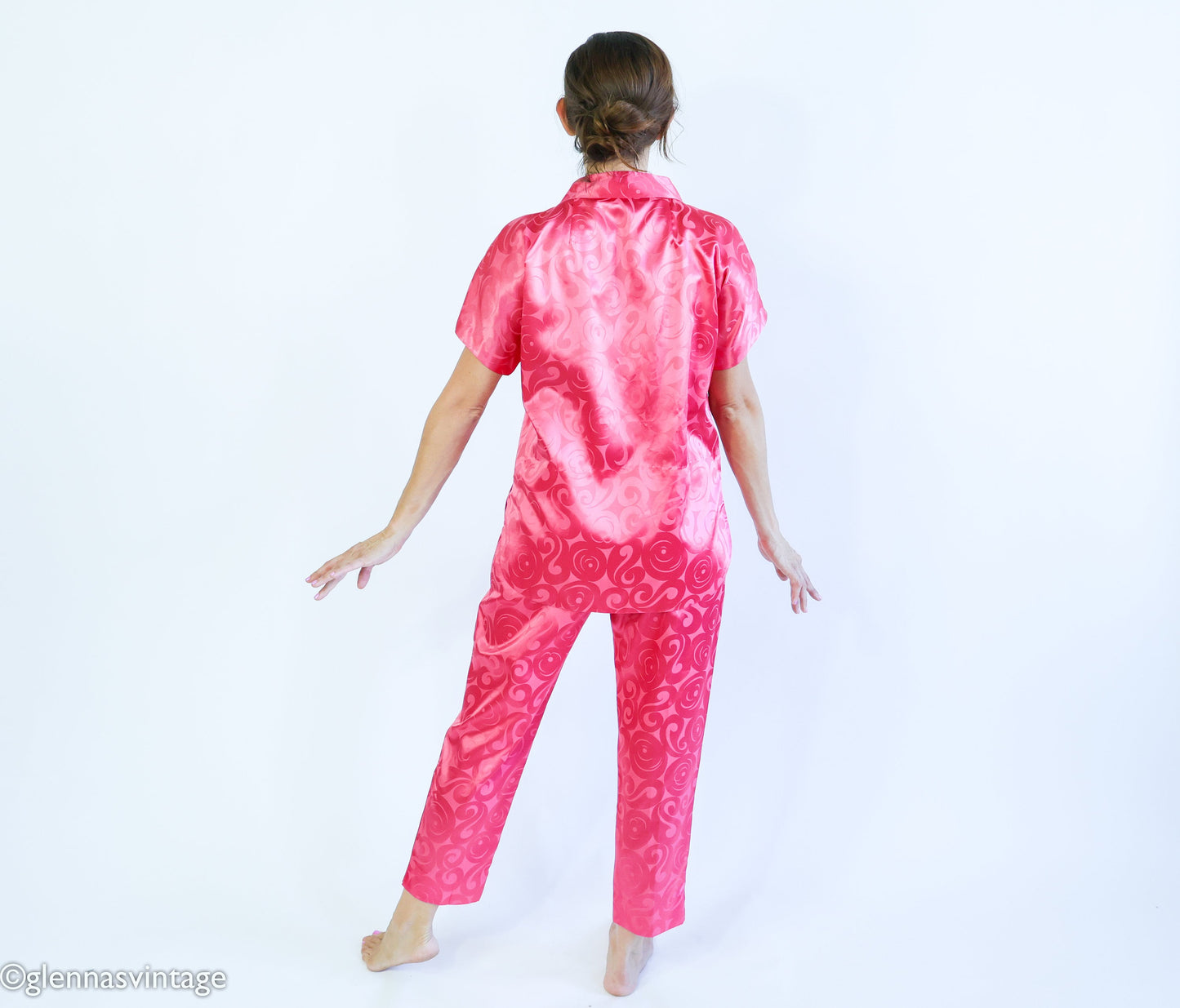 1960s Pink Satin Pajamas, Top & Pants Set, Medium