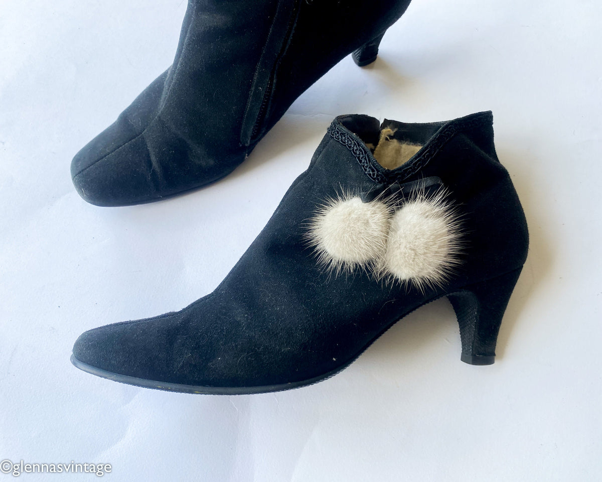 1950s Black Suede Booties with Mink Fur Pom Poms, Size 6