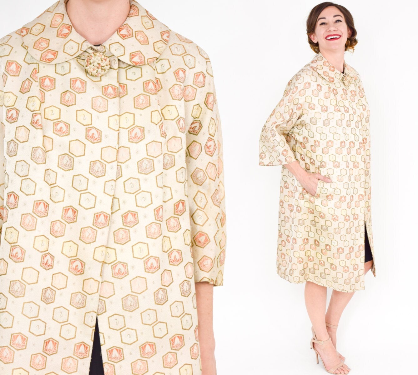 1950s Beige Silk Brocade Evening Coat | 50s Gold and Beige Silk Coat | Tailor Hong Kong | Large