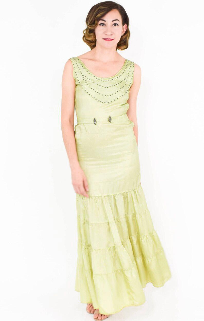 1930s Chartreuse Yellow Taffeta Evening Gown, Extra Small