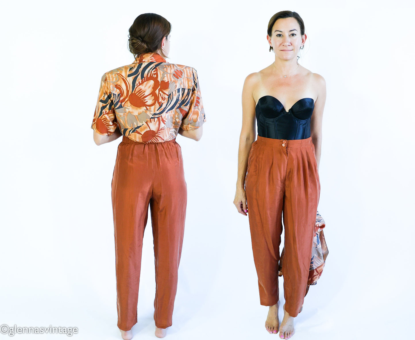 1980s Brown Silk Top Pants Set | 80s Brown Floral Blouse & Slacks | La Chine | Medium