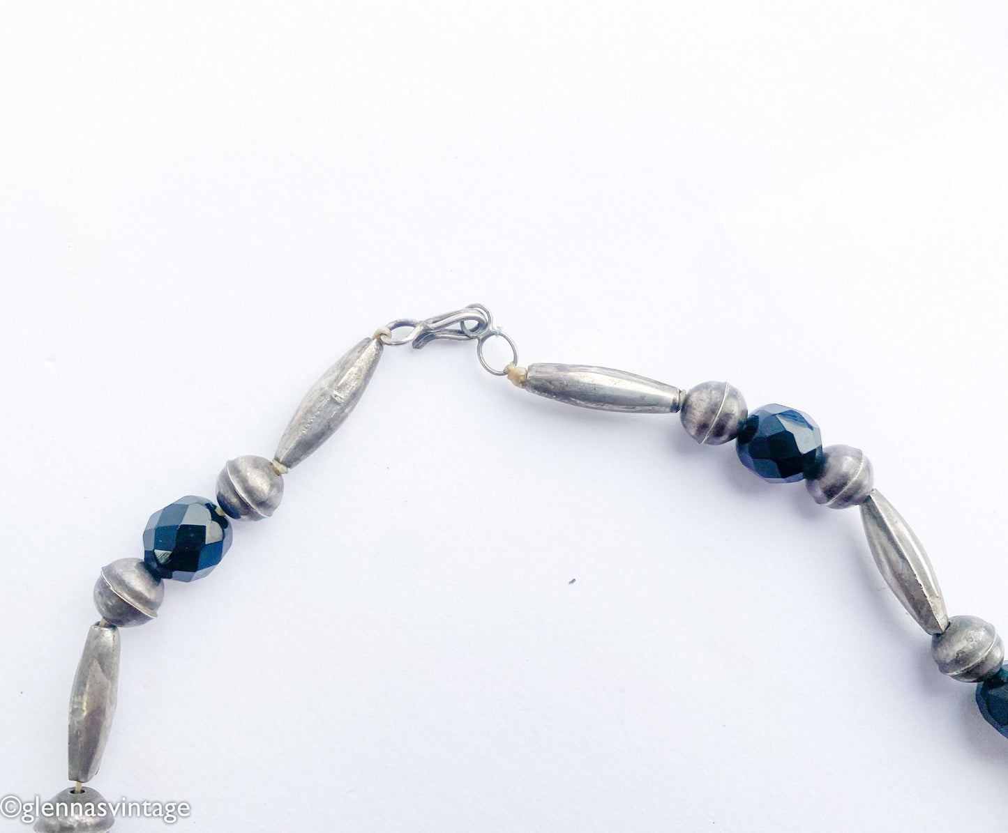 1940s Turquoise Pendant Necklace | Vintage Sterling Silver, Black Glass Beads