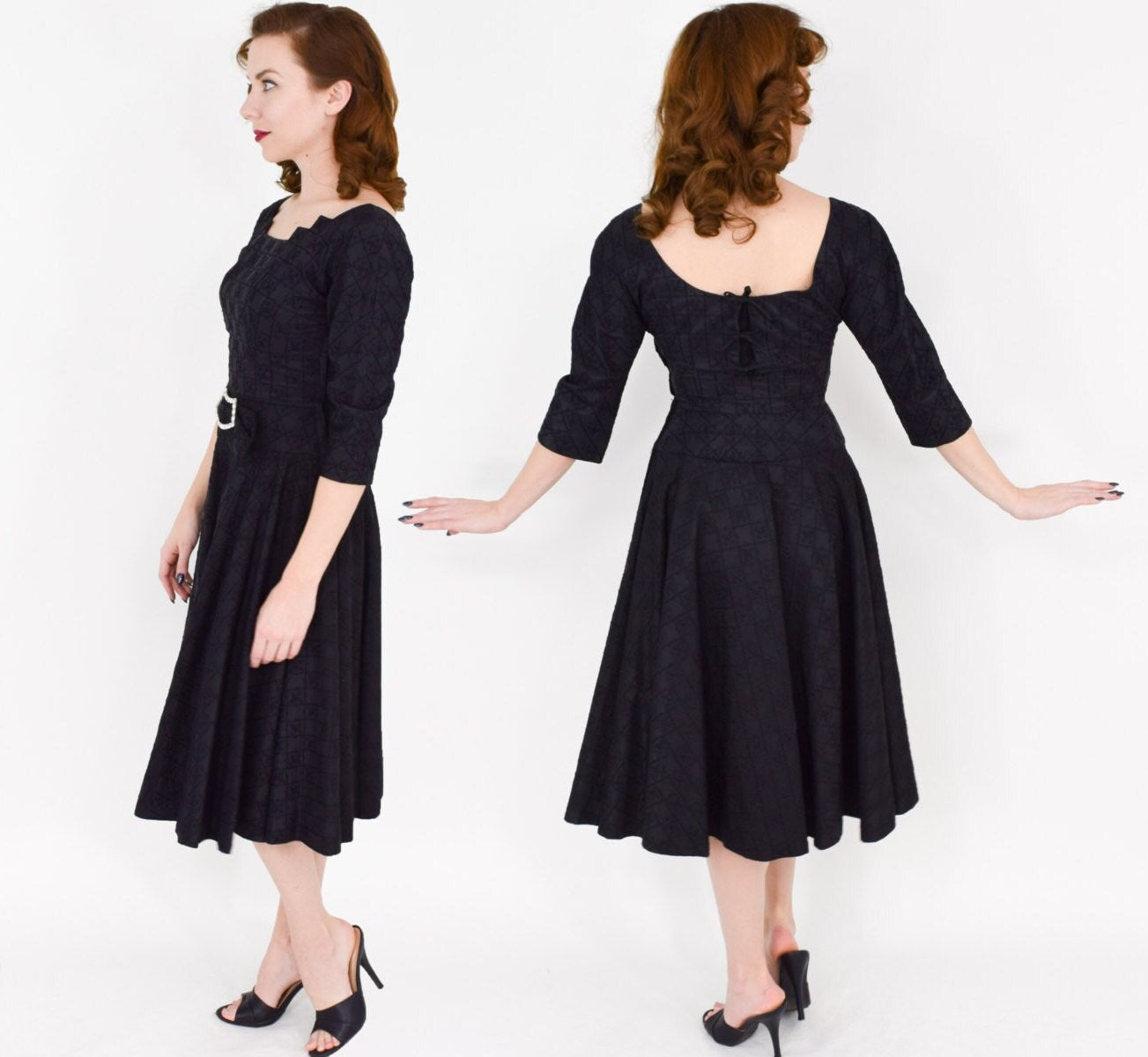 1940s Black Taffeta Cocktail Dress with Rhinestone Belt, Small