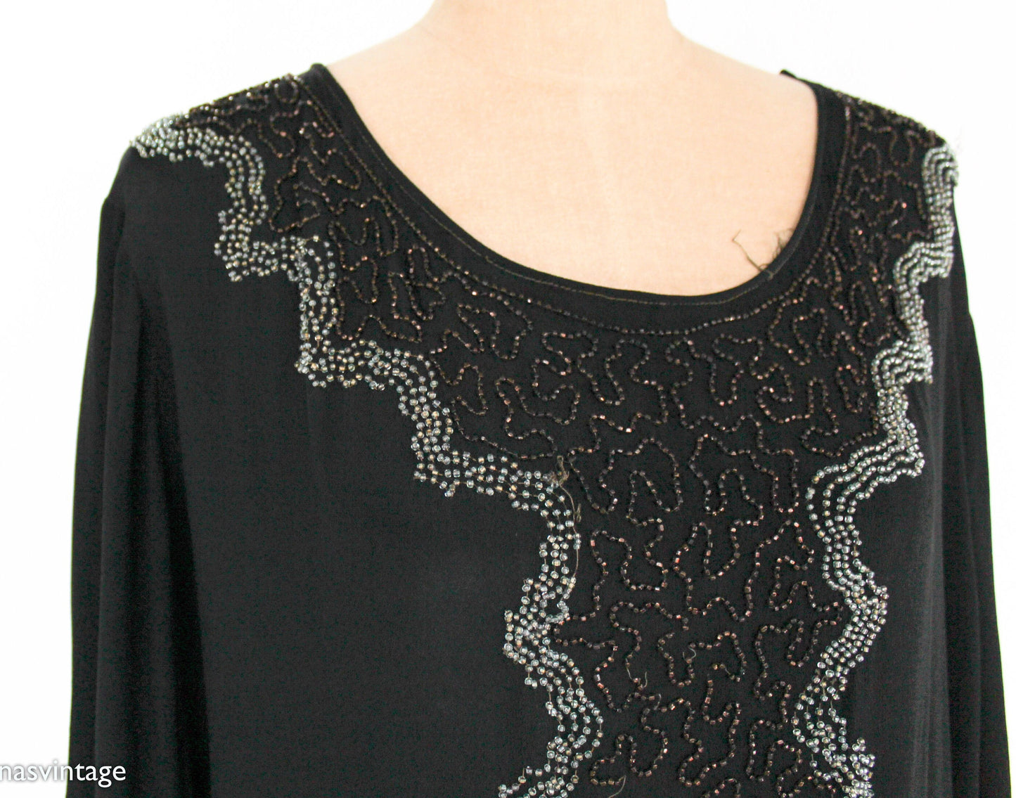 1920s Plus Size Beaded Black Silk Dress, Extra Large
