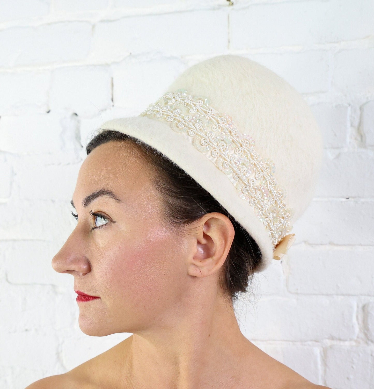 1960s Creme Mohair Bubble Hat | 60s White Mohair High Crown Hat | Jackie O Style | Noreen Fashions