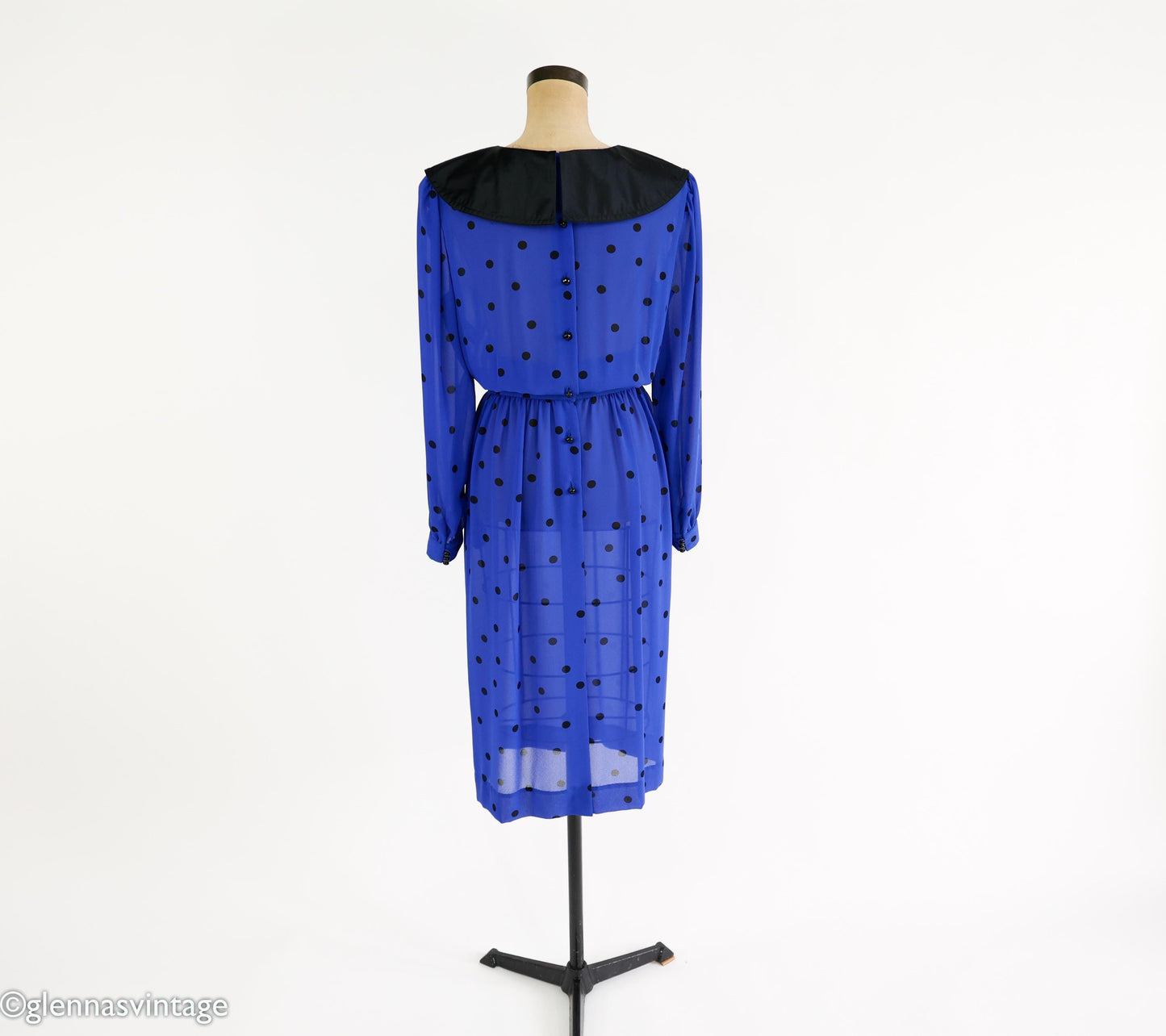 1980s Albert Nipon Blue Polka Dot Chiffon Dress, Small