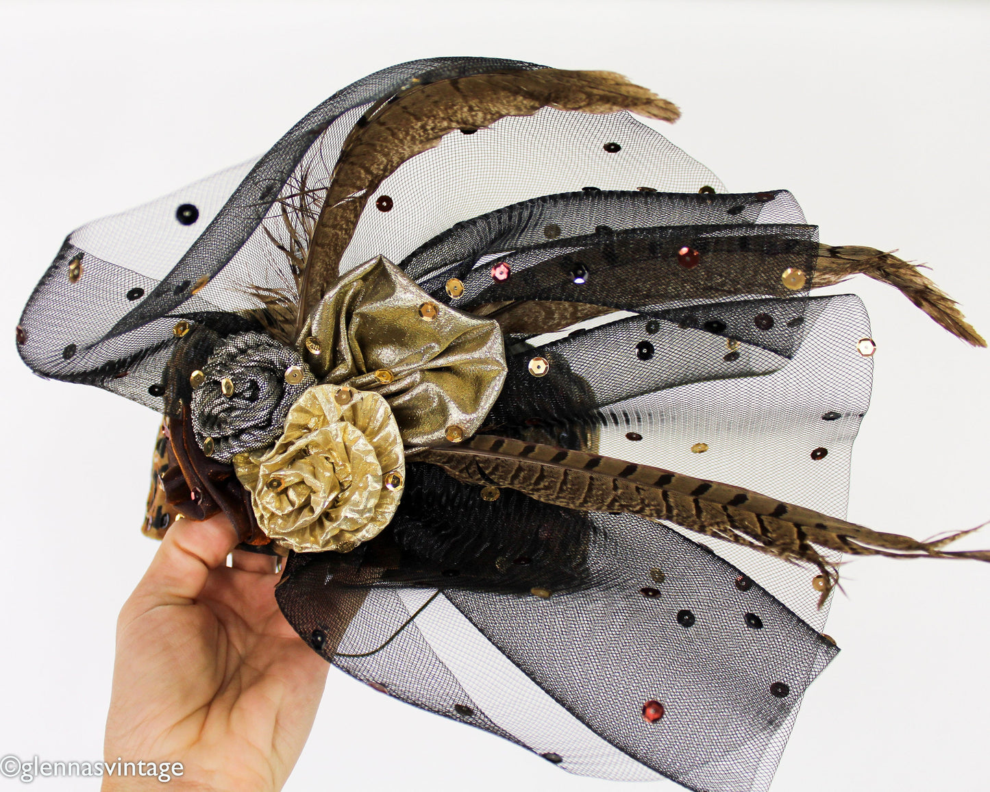 1980s Leopard Fascinator Hat with Tulle & Sequins