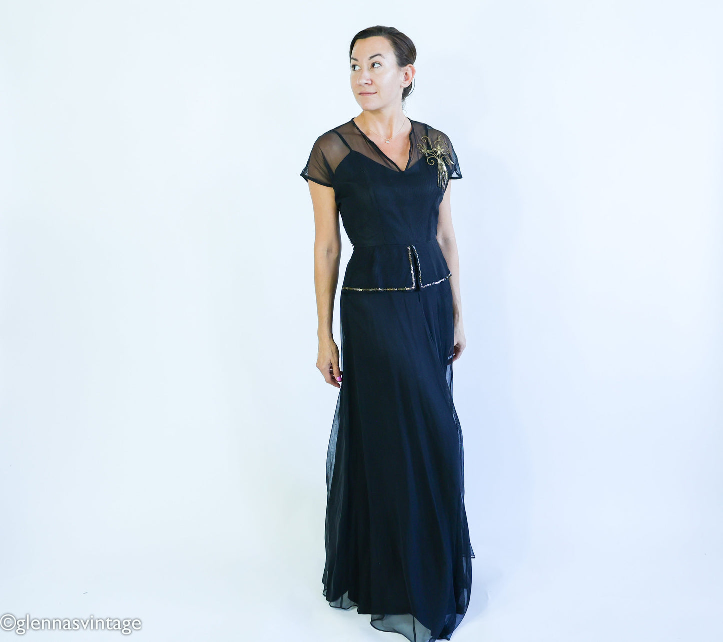 1940s Black Crepe Evening  Dress | 40s Black Sheer Sequin Formal Dress l Medium