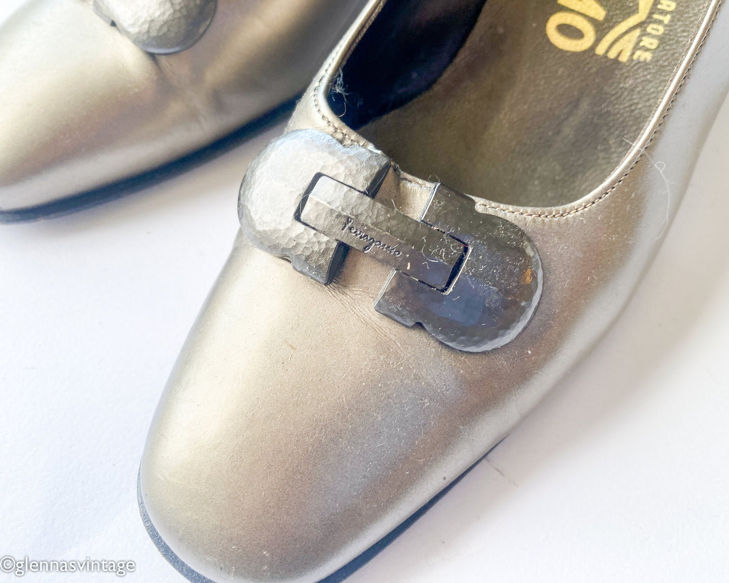 Vintage Ferragamo Pewter Leather Pumps | 1990s Metallic Heels | US 6