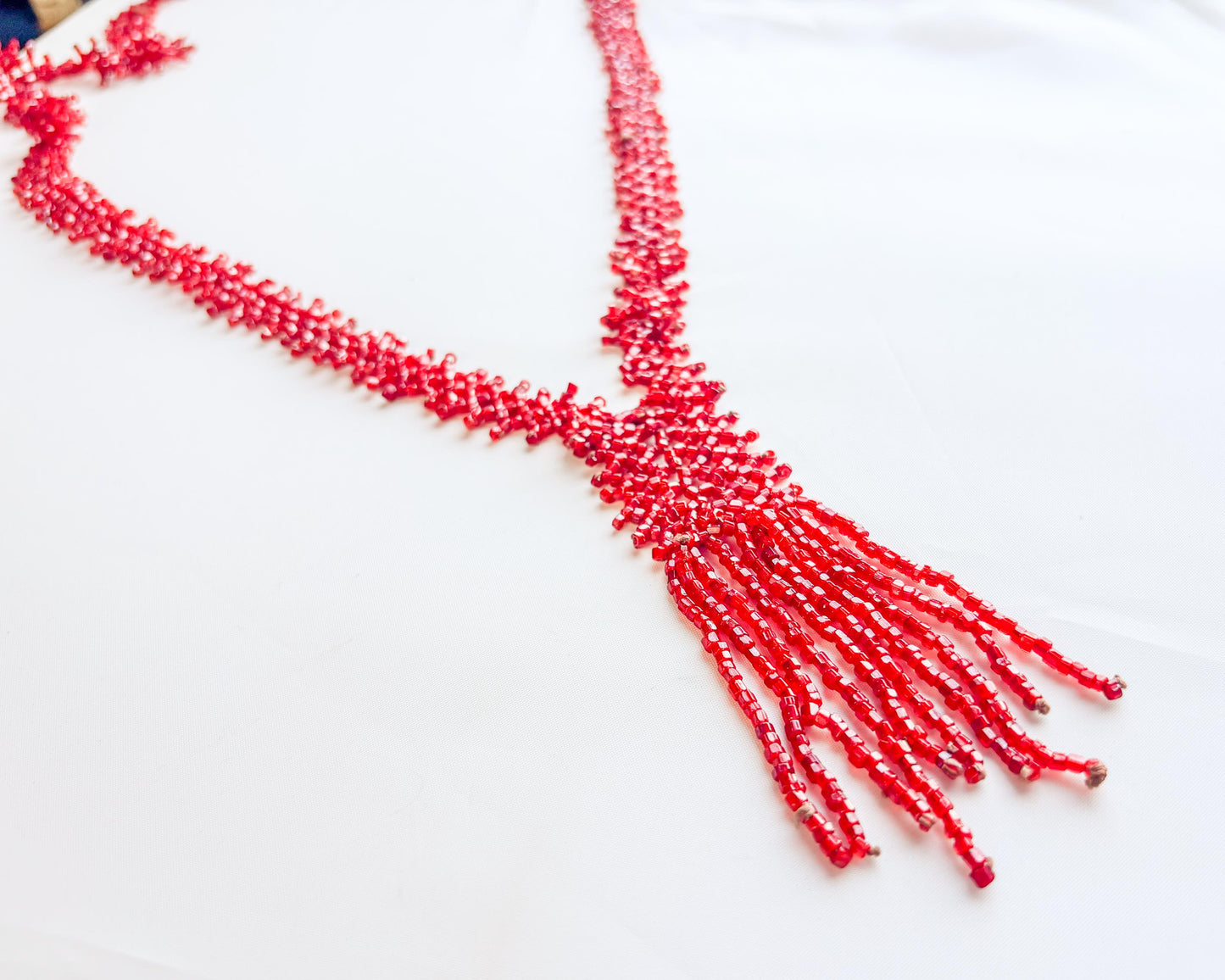 1920 Red Beaded Necklace |  Beaded Flat Woven Necklace