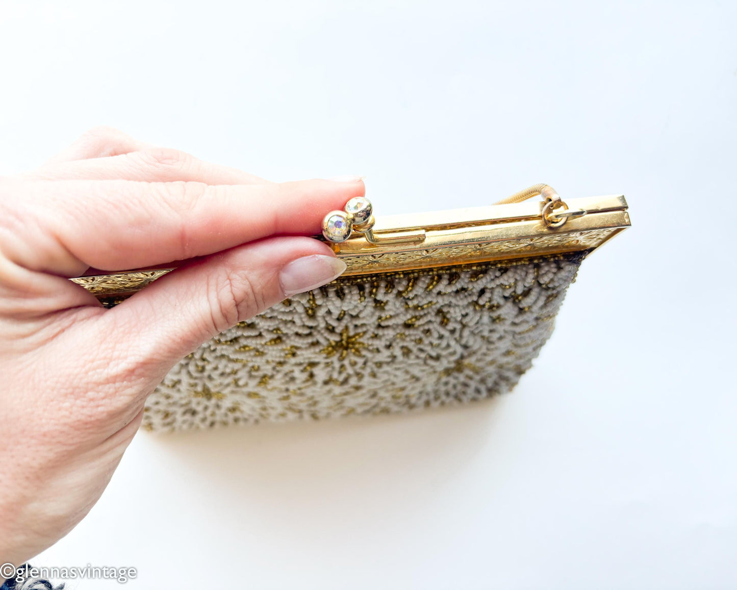 1950s White Gold Beaded Evening Bag