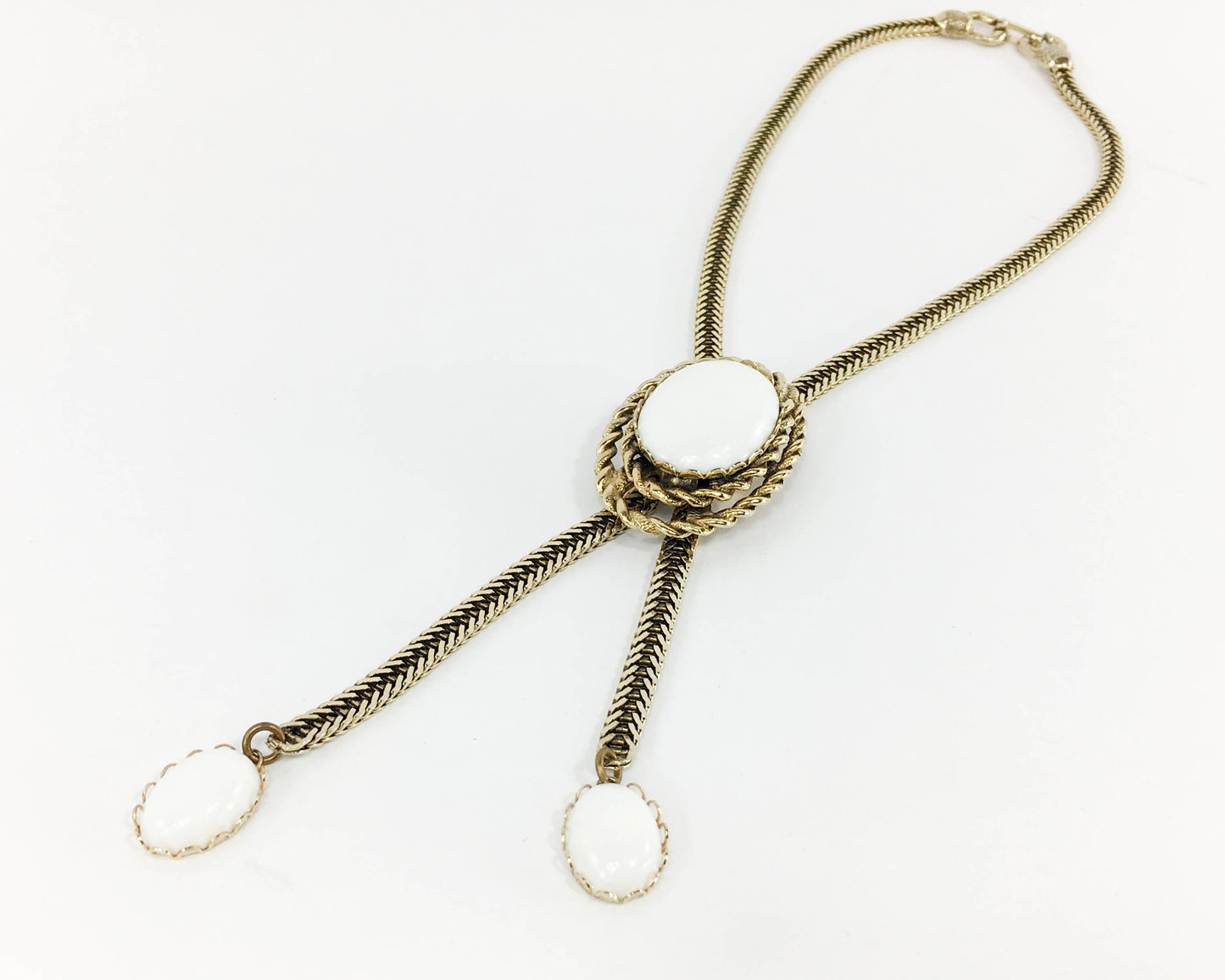 1960s Gold Lariat Necklace | White & Gold Metal Slide