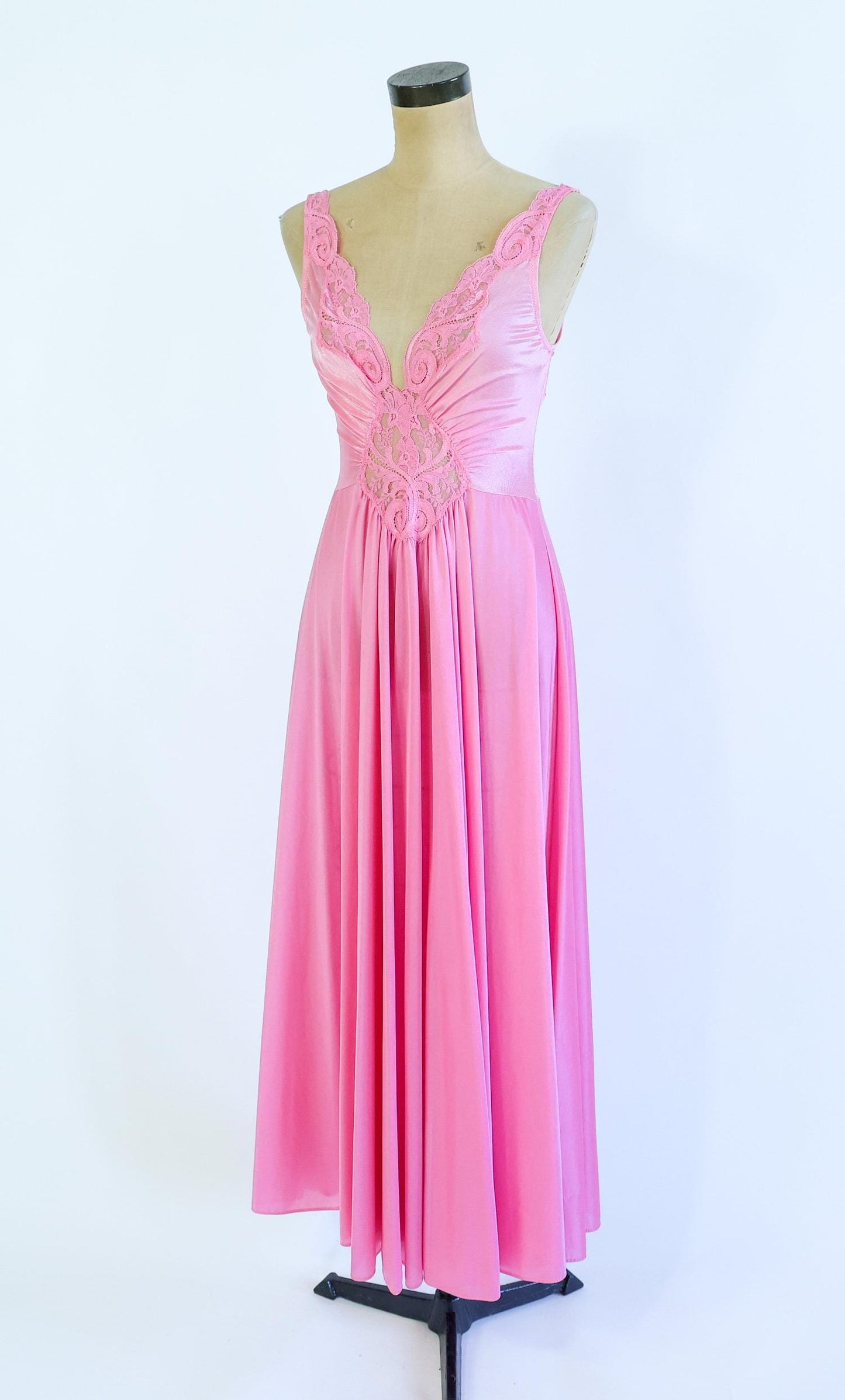 1970s Pink Nightgown Slip Dressing Gown | 70s Bright Pink Nightgown | Olga | Medium