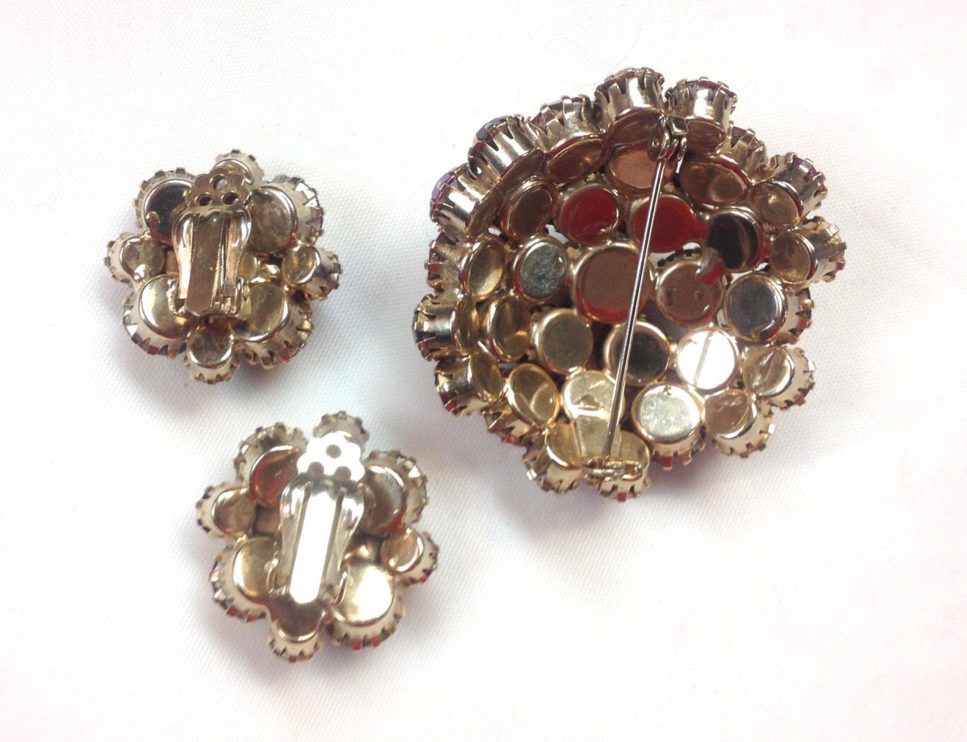 1950s Pink & Red Rhinestone Brooch Set | 50s Pink Red Rhinestone Pin Earring Set