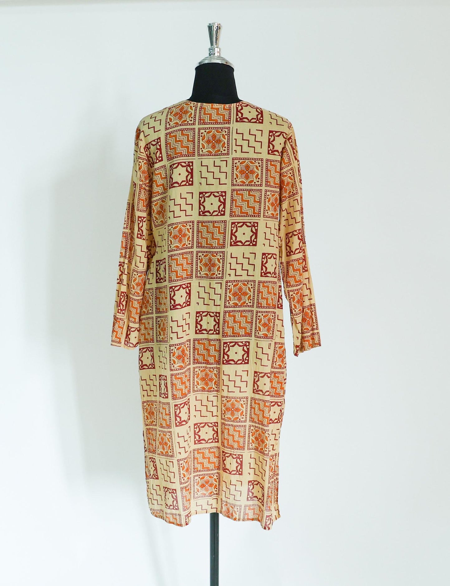 1980s Brown Print Cotton Caftan Tunic Dress, Medium