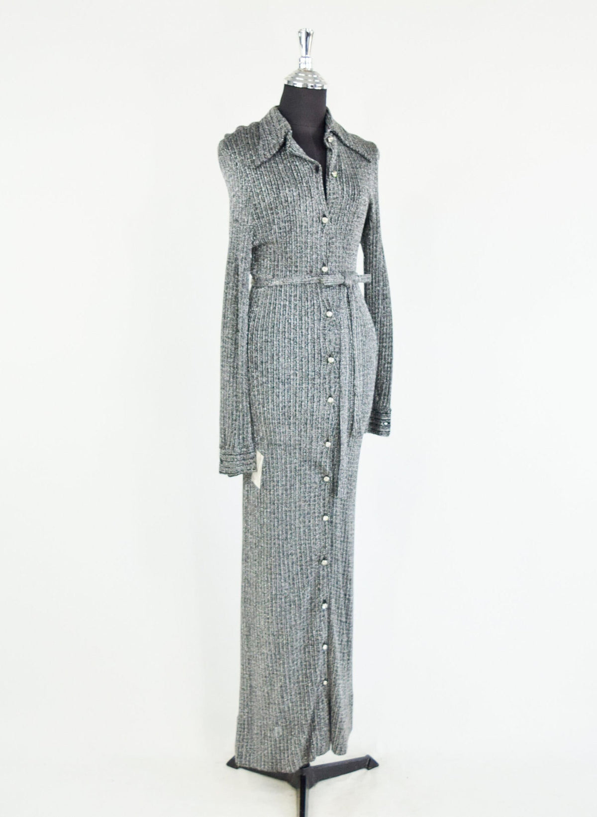 1970s Vintage Silver Knit Maxi Dress | Rhinestone Button, Tie Waist, Small