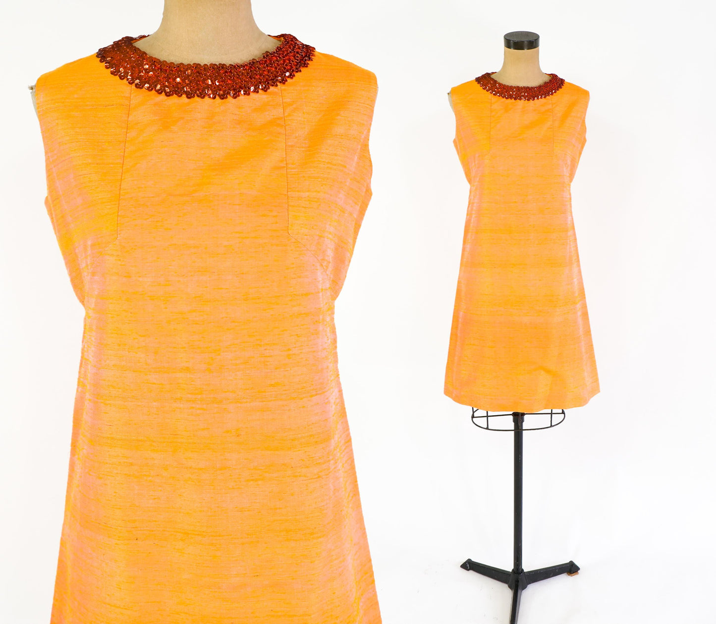 1960s Orange Silk Shift Dress | Sequin Collar, Medium