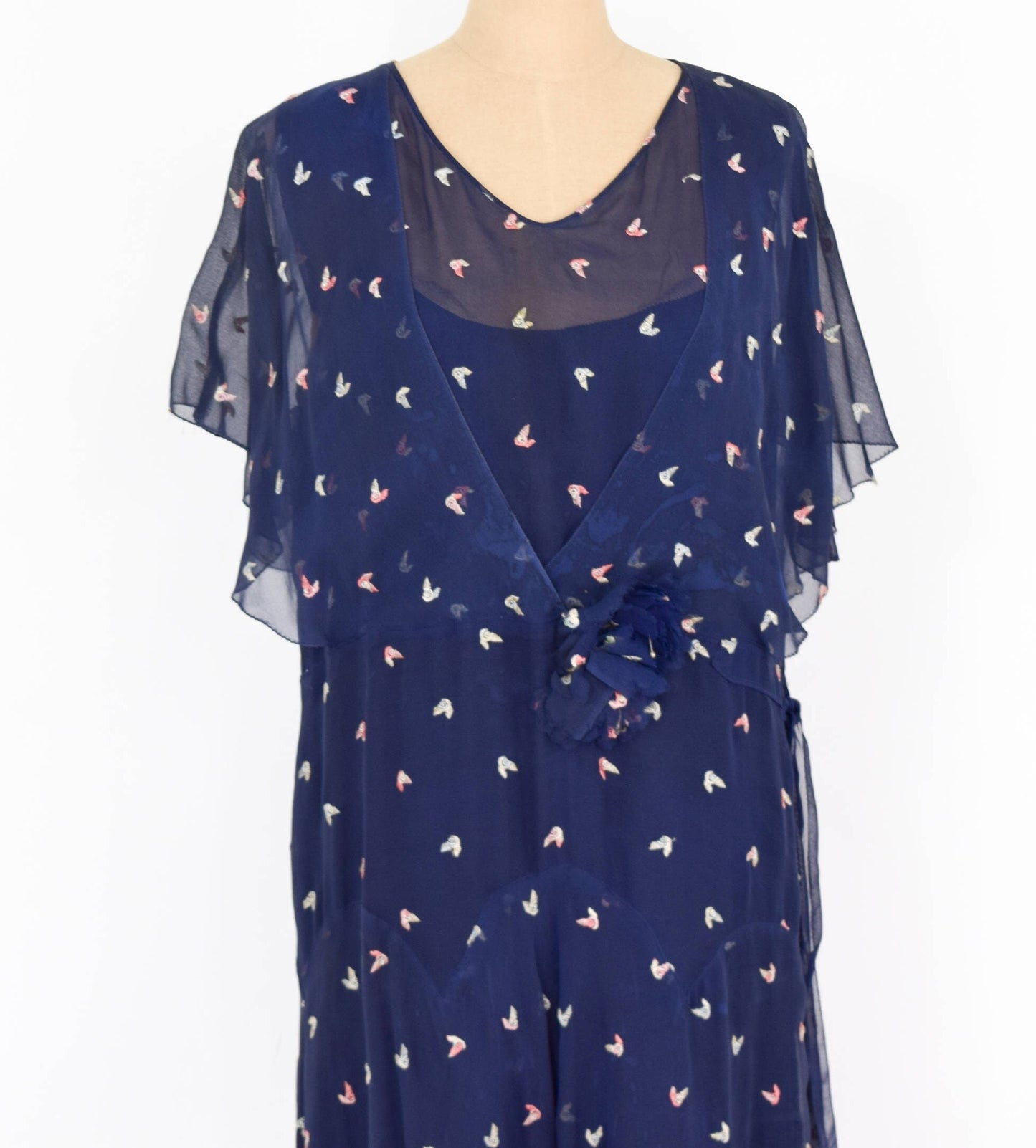 1920s Navy Chiffon Dress with Embroidered Flutter Sleeve, Medium