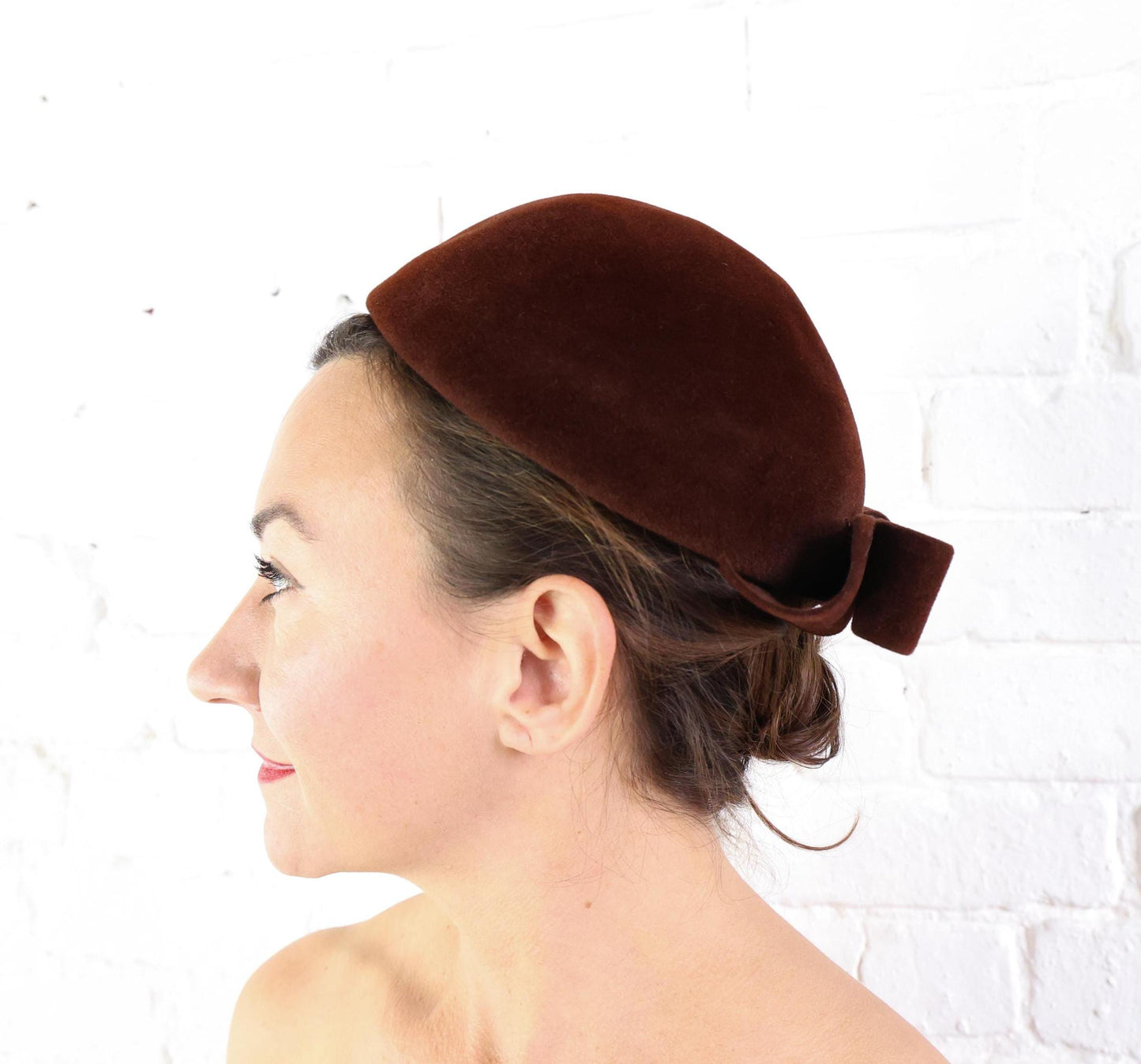 1950s Brown Wool Velour Bow Hat, Gene Doris New York