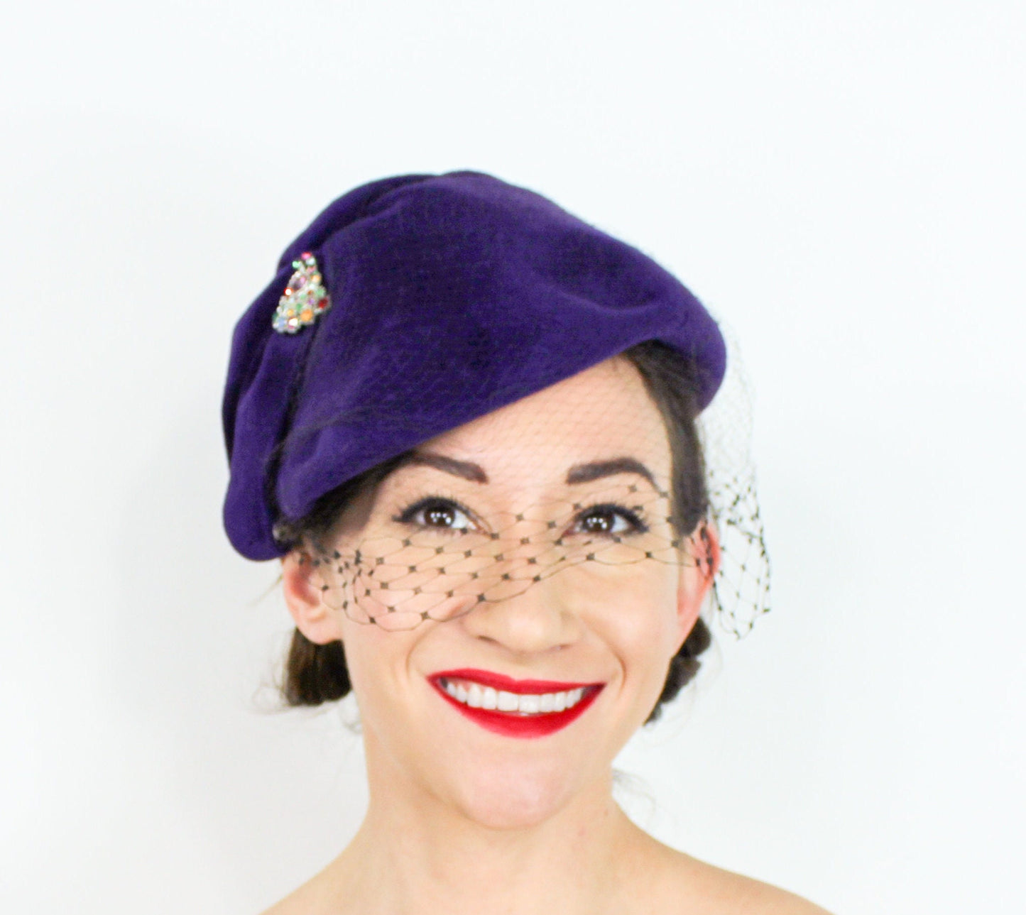 1950s Purple Wool Felt Fascinator Hat with Rhinestone Pin &Netting