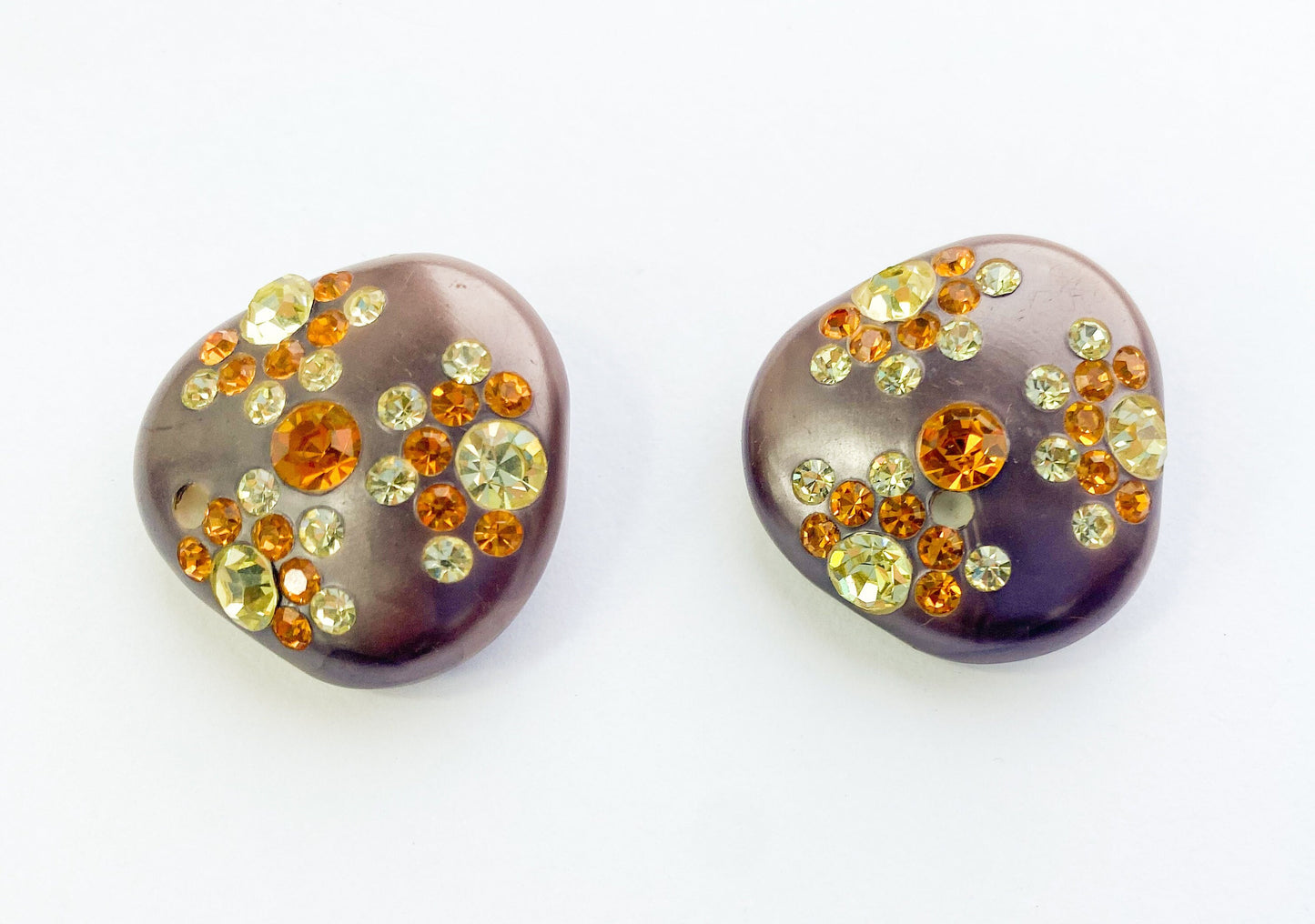 1960s Brown Rhinestone Earrings | 60s Brown Lucite & Rhinestone Clip Earrings