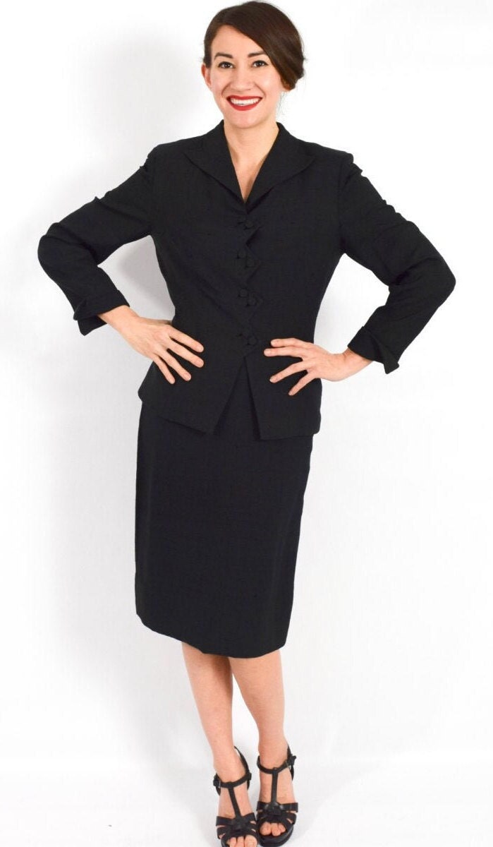 1950s Black Rayon Suit | 50s Black Jacket & Pencil Skirt | Chai Bo Originals | Small