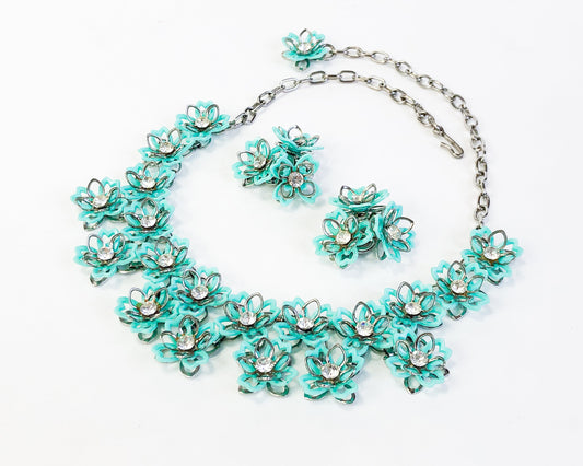 1960s Turquoise Flower Necklace Set | 60s Turquoise Plastic Flowers Necklace Jewelry Set