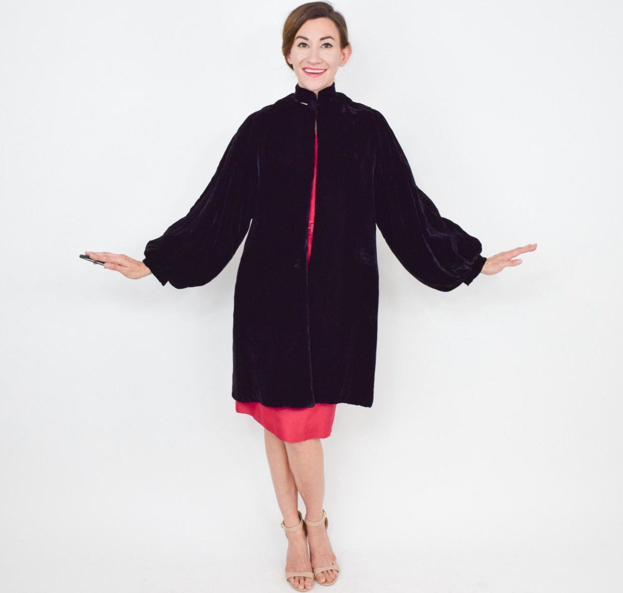 1930s Black Silk Velvet Evening Coat with Bishop Sleeves, Medium