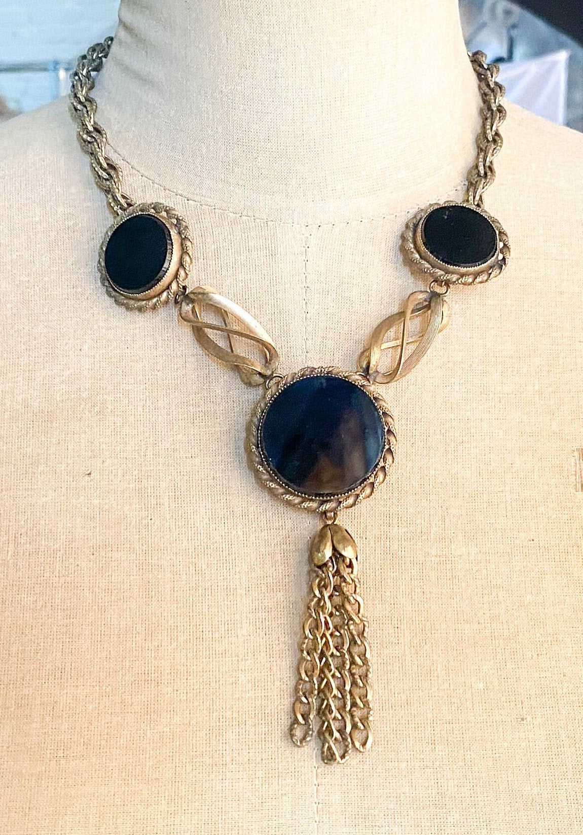 1940s Brass & Glass Pendant Necklace, Gold Black Necklace