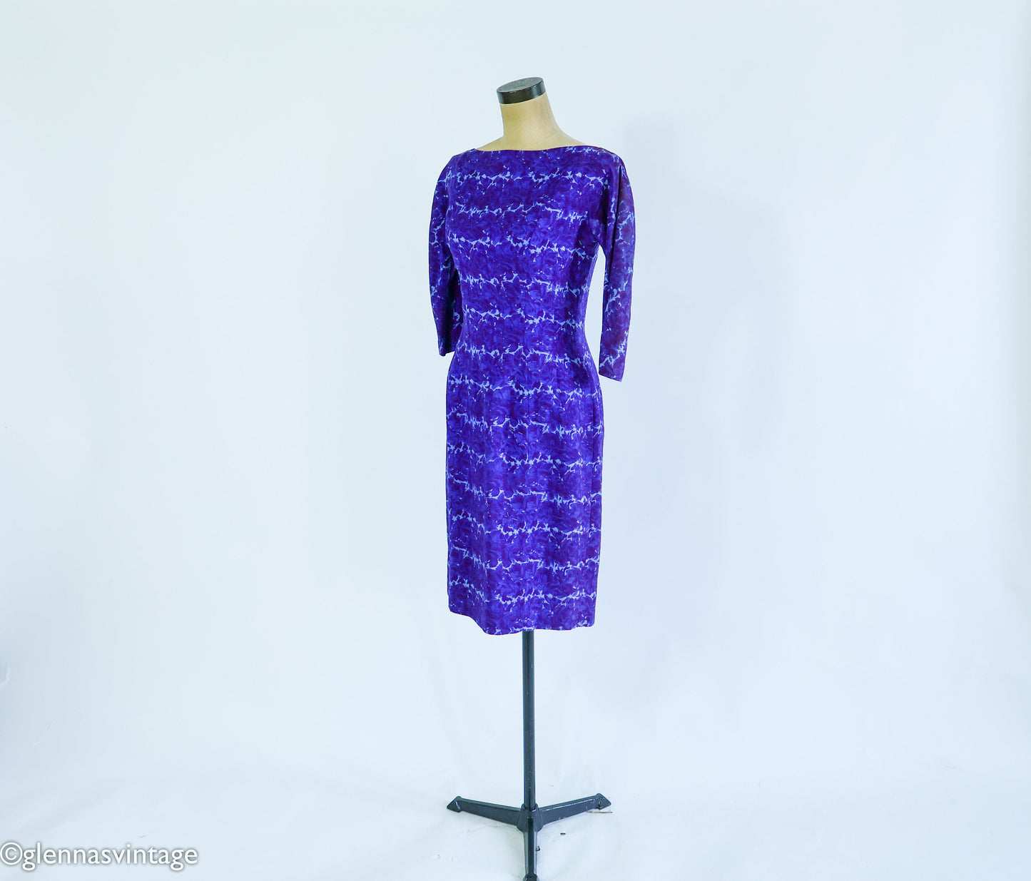 1950s Purple & Blue Print Wiggle Dress, Small
