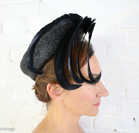 1950s Black Feather Fascinator, Woven Raffia Hat With Feathers