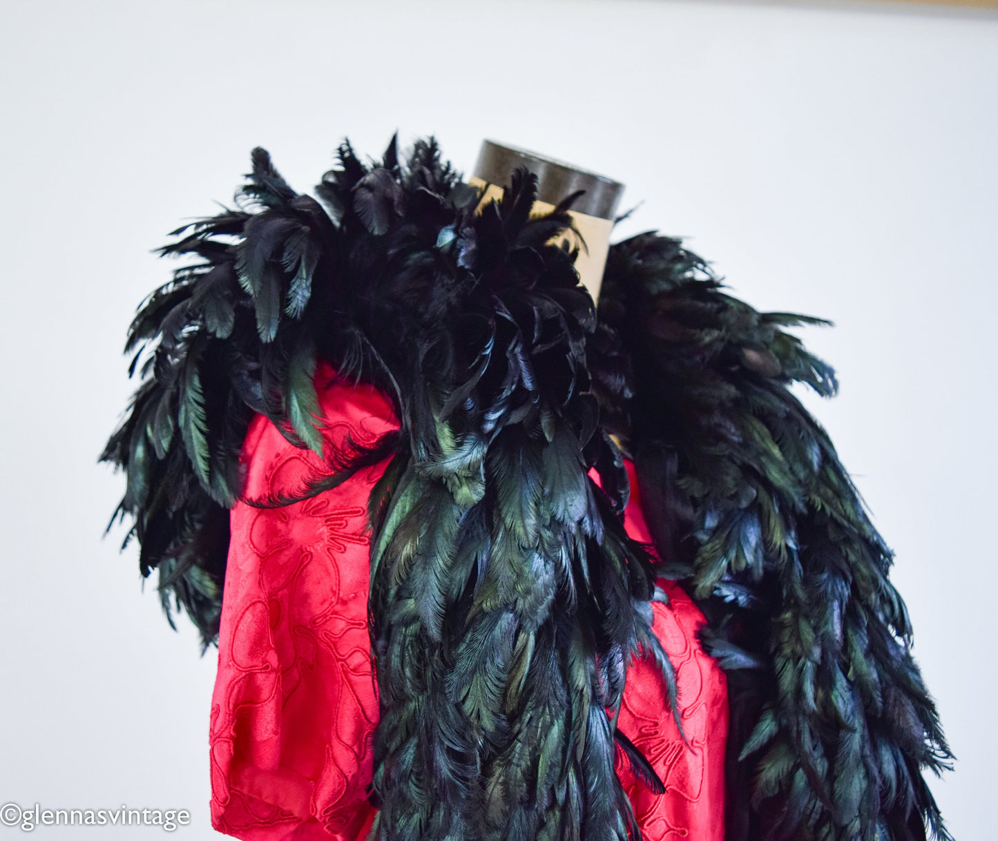 1900s Iridescent Black Feather Boa with Silk Backing and Ties, Edwardian Era Scarf